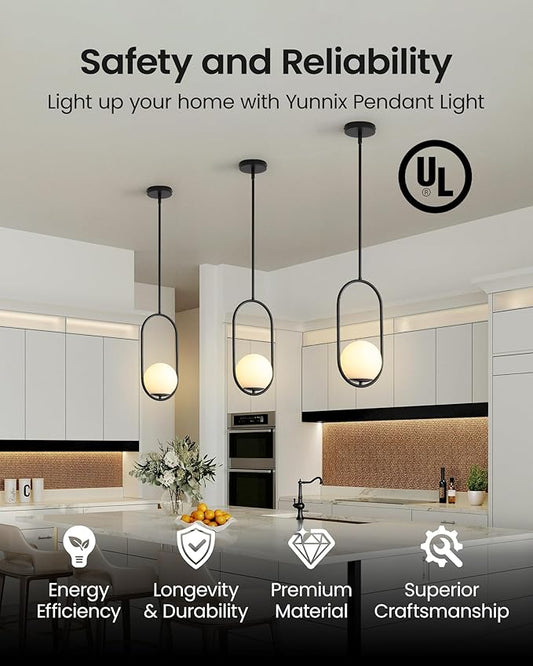 Yunnix Pendant Lights Kitchen Island, Pendant Light Fixtures, Modern Black Globe Glass Pendant Lighting, Mid Century Chandelier One Light for Bathroom Bedroom Dining Room(Bulb Not Included)