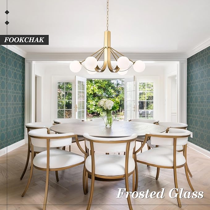 Gold Sputnik Light Fixture Modern Kitchen Chandelier Brassy Gold Bedroom Light Fixtures with Chain 33in Dining Table Light Fixture Mid-Century 6 Light Frosted Glass Chandelier for Living Room Entry
