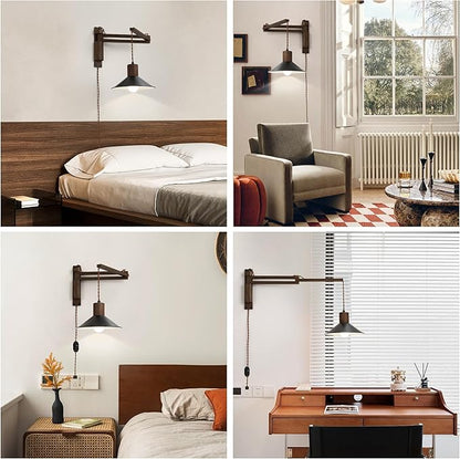 Wood Plug in Wall Sconces, Swing Arm Wall Lamp with Dimmable On Off Switch, 8.6 inch Vintage Wall Mounted Light Fixture with Cord for Bedroom Nightstand Bedside Reading Lamp - Bulb Included