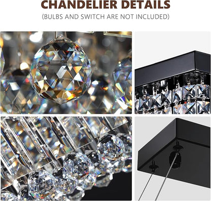 Modern Crystal Chandelier for Dining Room,10-Light Black Rectangle Pendant Ceiling Light Fixture for Kitchen Island Bar, L47 x W10 x H10
