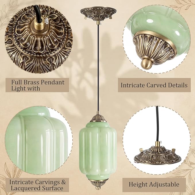 Gerrii 2 Pack Vintage Milk Glass Pendant Lights 5.5″ Green Brass Ceiling Hanging Light Fixtures Antique Pendant Lighting for Kitchen Island, Dining Room, Bedroom, Hallway, E12 Bulb Included