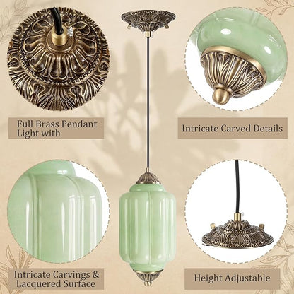 Gerrii 2 Pack Vintage Milk Glass Pendant Lights 5.5″ Green Brass Ceiling Hanging Light Fixtures Antique Pendant Lighting for Kitchen Island, Dining Room, Bedroom, Hallway, E12 Bulb Included