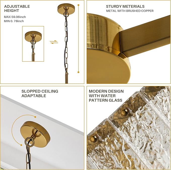 Modern Crystal Chandelier,16" Gold Chandeliers for Dining Room with Water Ripple Glass, Adjustable Height, 4-Light Square Pendant Light Fixture for Kitchen Island Entryway Foyer Hallway