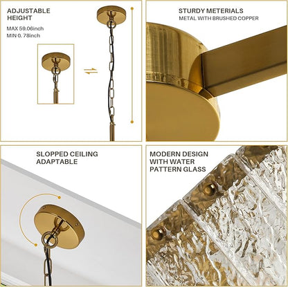 Modern Crystal Chandelier,16" Gold Chandeliers for Dining Room with Water Ripple Glass, Adjustable Height, 4-Light Square Pendant Light Fixture for Kitchen Island Entryway Foyer Hallway