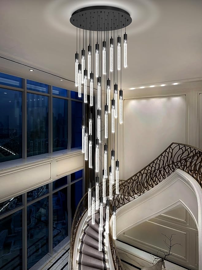 Flashing God Long Chandeliers for High Ceiling Black Bubble Crystal Chandelier Large Foyer Entrance Chandeliers for High Ceiling Big Crystal Chandelier LED Dimmable 2700K-6000K
