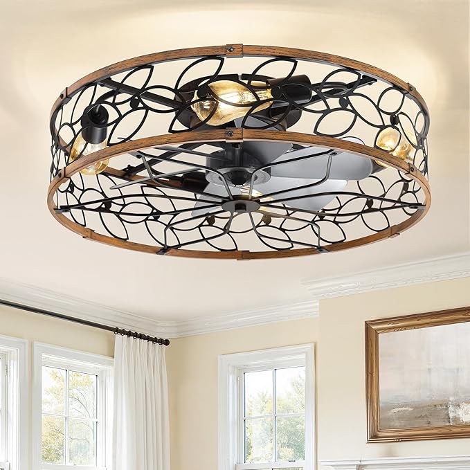 LEDIARY 23 Inch Caged Ceiling Fans with Lights, Farmhouse Flush Mount Ceiling Fan with Remote, Large Low Profile Ceiling Fan Light Fixture for Bedroom, Kitchen, Dining Room