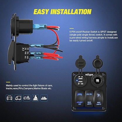 Nilight ３ Gang Rocker Switch Panel with USB Charger and Cigarette Lighter 12V 24V Toggle LED Light Bar Rear Lights Rock Switches for Cars Rvs Trucks
