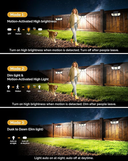 Brightown 1 Pack Solar Outdoor Lights with Motion Sensor, 223 LED 3 Head 270° Wide Angle Street Area Security Lights with Remote, IP65 Waterproof Flood Wall Lights with 3 Modes for Yard Outside