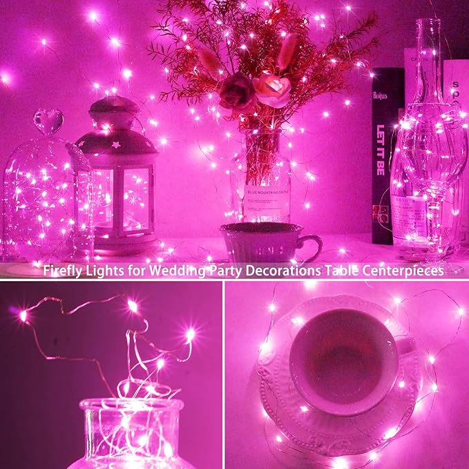 SmilingTown 15 Packs 20 Led Pink Fairy String Lights Battery Operated 6.6ft Silver Wire Firefly Starry Lights Waterproof for Bedroom DIY Table Bottle Wedding Valentine's Day Party Decor