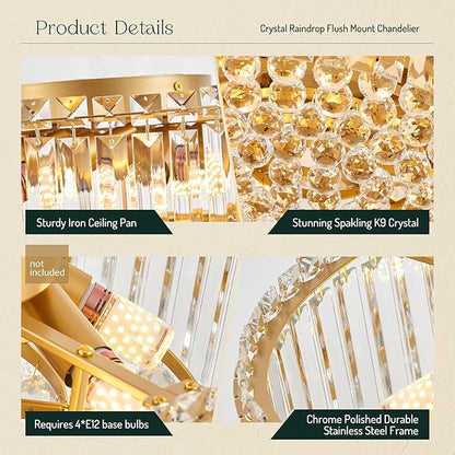 17.3" Gold K9 Crystal Raindrop Flush Mount Ceiling Light, Modern Chandelier, Round Luxury Light Fixture for Dining Room, Bedroom, Hallway, Kitchen Island & Living Room