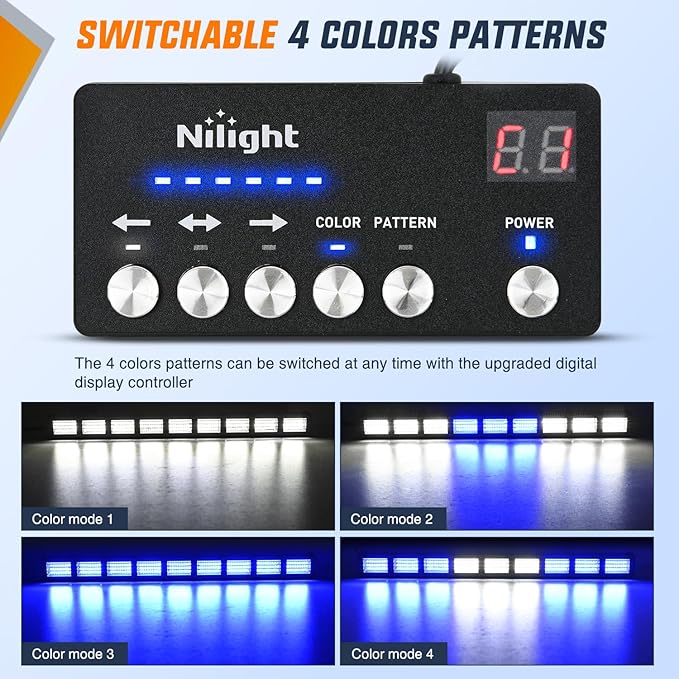Nilight 162 LED Traffic Advisor Strobe Light Bar 2-in-1 Blue White Emergency Warning Hazard Lights with Controller 4 Switchable Color 36 Flash Pattern for Trucks Cars Tow Plow Construction Vehicles