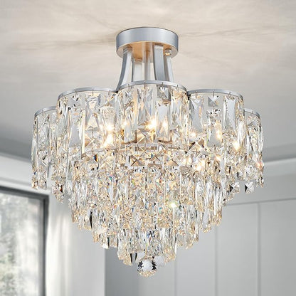 WUZUPS Crystal Chandelier Semi-Flushmount Ceiling Light Modern Lighting Fixture for Bedroom Hallway Entry Kitchen Bathroom, H 19.3" x W 18.3", E12 Base, Silver