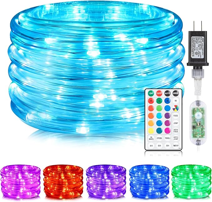 ANJAYLIA 33FT 100 LED Color Changing Rope Lights, 18 Colors Outdoor String Lights with Plug & Remote, Led Rope Lights Outdoor Waterproof, Christmas Lights for Bedroom Deck Halloween Decorations