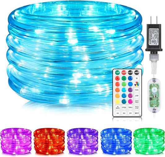 ANJAYLIA 33FT 100 LED Color Changing Rope Lights, 18 Colors Outdoor String Lights with Plug & Remote, Led Rope Lights Outdoor Waterproof, Christmas Lights for Bedroom Deck Halloween Decorations