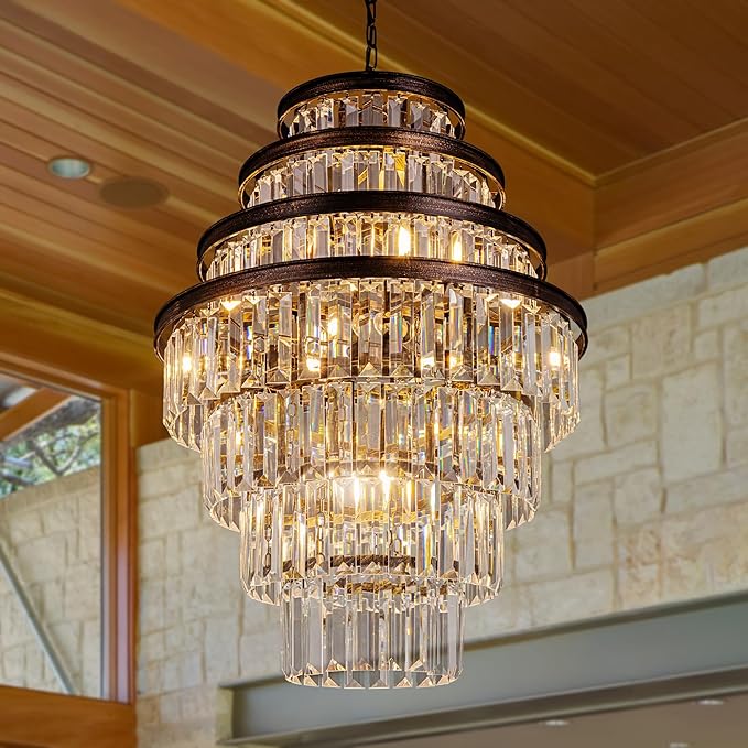 Wellmet Antique Gold Crystal Chandelier, 7-Tier Large Vintage Luxury Crystal Chandelier, Bronze Crystal Pendant Light for Living Room, Dining Table, Foyer, Drawing Room, Hallway, Entryway, Restaurant