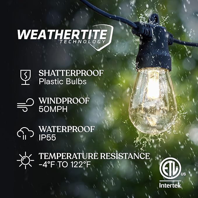Brightech Ambience Pro Solar Powered Outdoor String Lights - Commercial Grade Patio Lights with 48 Ft Edison Bulbs - Shatterproof LED Solar Lights for - 1W LED, Warm White Light