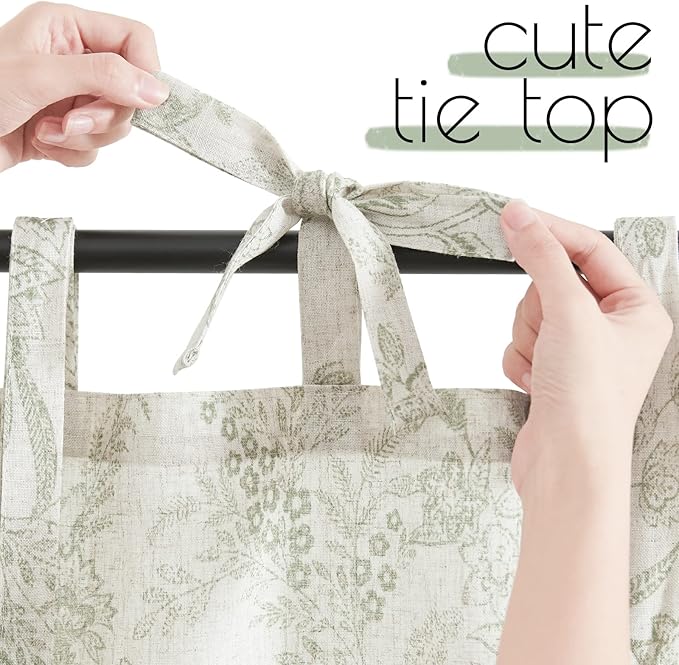 jinchan Linen Kitchen Curtains Floral Printed Tier Curtains 24 Inch Length Farmhouse Cafe Drapes for Small Windows Tie Top Botanic for Country Laundry Room Bathroom RV 2 Panels Sage Green on Beige