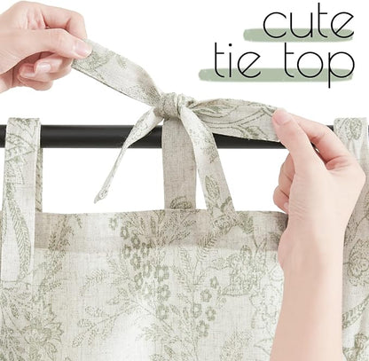 jinchan Linen Kitchen Curtains Floral Printed Tier Curtains 24 Inch Length Farmhouse Cafe Drapes for Small Windows Tie Top Botanic for Country Laundry Room Bathroom RV 2 Panels Sage Green on Beige