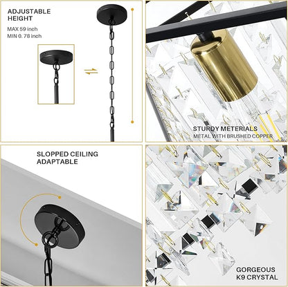 24" Modern Chandeliers for Dining Room,Black Crystal Chandelier, Adjustable Chain Length,5-Light Pendant Light Fixture for Kitchen Island Living Room Entryway Foyer Flat and Inclined Ceiling