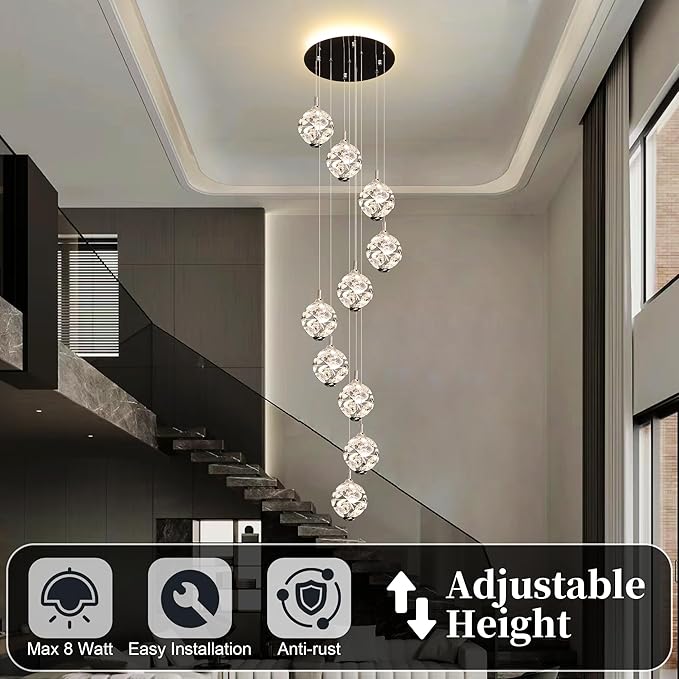 10-Light High Ceilings Long Chandeliers Modern Crystal Staircase Chandelier Hanging Flush Mount Lighting Fixtures Long Raindrop Hanging Chandeliers for Staircase,Foyer,Entryway
