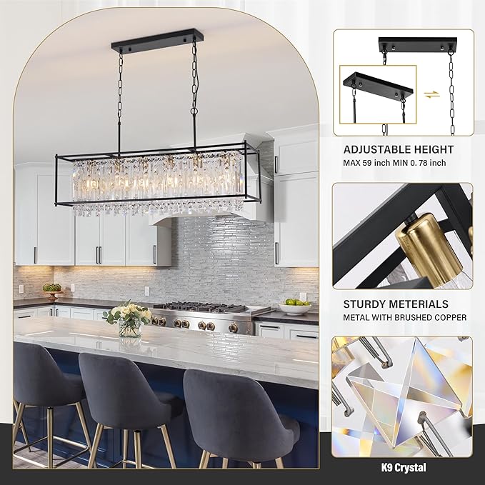 Modern Black Crystal Chandeliers For Dining Room, 42" Large Rectangle Water Ripple Glass Pendant Elegant Linear Lighting for Kitchen Island Dining Room LivingRoom Flat Inclined Ceiling,L42 x W11 x H19