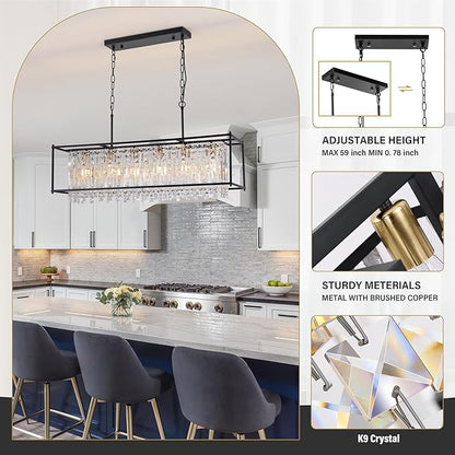 Modern Black Crystal Chandeliers For Dining Room, 42" Large Rectangle Water Ripple Glass Pendant Elegant Linear Lighting for Kitchen Island Dining Room LivingRoom Flat Inclined Ceiling,L42 x W11 x H19