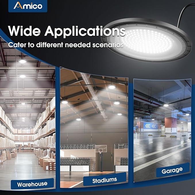 Amico 6 Pack UFO LED High Bay Light 200W 28,000lm 5000K with UL Listed US Hook 5' Cable Alternative to 650W MH/HPS for Gym Factory Barn Warehouse Lighting Fixture
