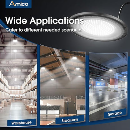 Amico 200W 10 Pack UFO LED High Bay Light 28,000lm 5000K LED High Bay Lights with UL Listed US Hook 5' Cable Alternative to 650W MH/HPS for Gym Factory Barn Warehouse