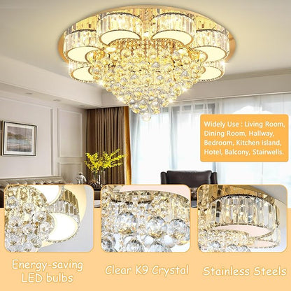 31.4" Gold Modern Crystal Chandeliers for Dining Room LED Dimmable Light Fixtures Flush Mount Light Living Room Bedrooms