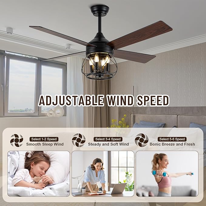 52 Inch Ceiling Fans with Lights, Modern Farmhouse Caged Ceiling Fan, Reversible Motor, 4 Double Finish Wood Blades, Rustic Ceiling Fan for Porch, Living Rooms, Bedroom