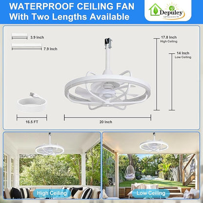 Depuley 20" Outdoor Ceiling Fan with Lights, White Waterproof Gazebo Hanging Fan with Remote App Control, Dimmable Plug in Caged outdoor Ceiling Fans for patios Porch 6-Speeds