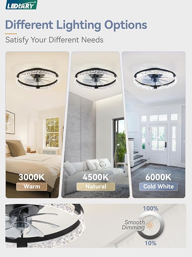 LEDIARY 2 Pack 20 Inch Ceiling Fans with Lights and Remote, Fandelier Modern Low Profile Ceiling Fan, 3000K-6000K Dimmable LED Fan Light, Black Flush Mount Ceiling Fans with Lights for Bedroom