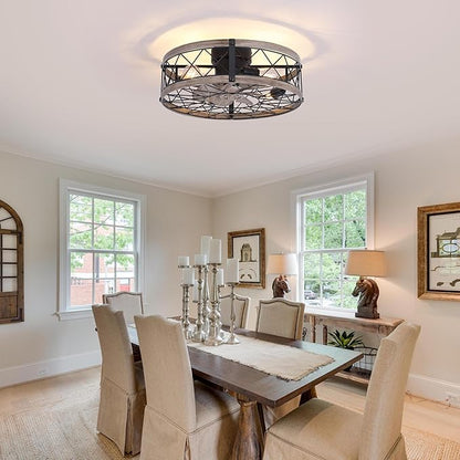 REDSTAR Flush Mount Caged Ceiling Fan with Lights, 20" Small Bladeless Ceiling Fans with Remote, Rustic Low Profile Ceiling Fans 6-Speeds Reversible Enclosed Ceiling Fan for Bedroom Kitchen Farmhouse