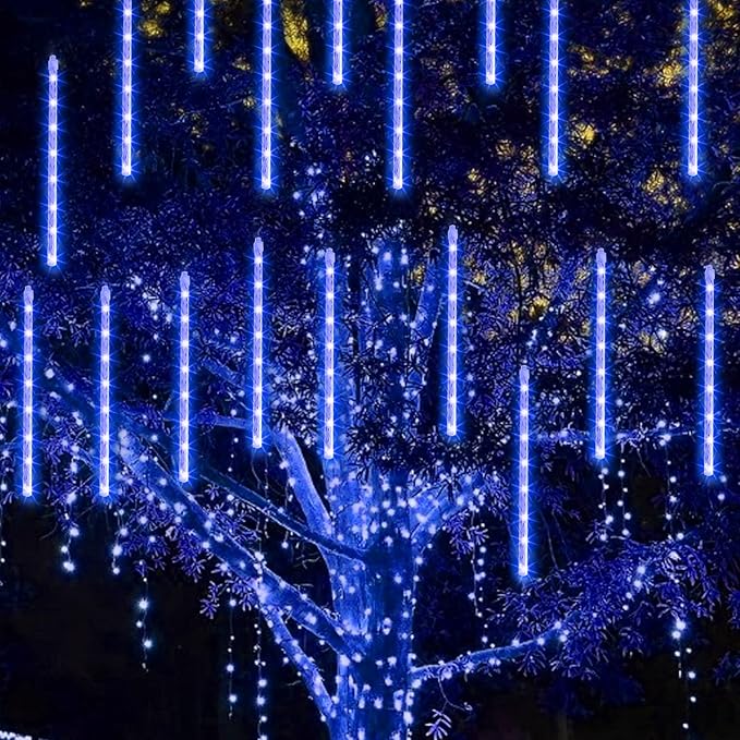 TW SHINE Christmas Lights Outdoor, 288 LED 12" 8 Tubes Meteor Shower Lights Outdoor Christmas Decorations Plug in, Waterproof Snow Falling Rain Icicle Xmas Light for Tree Decor, Blue