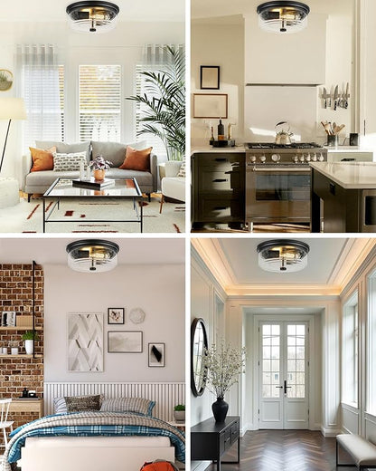 Black Flush Mount Ceiling Light, 12 Inch 2-Light Industrial Farmhouse Light Fixture with Seeded Glass Shade for Kitchen, Hallway, Entryway, Bedroom