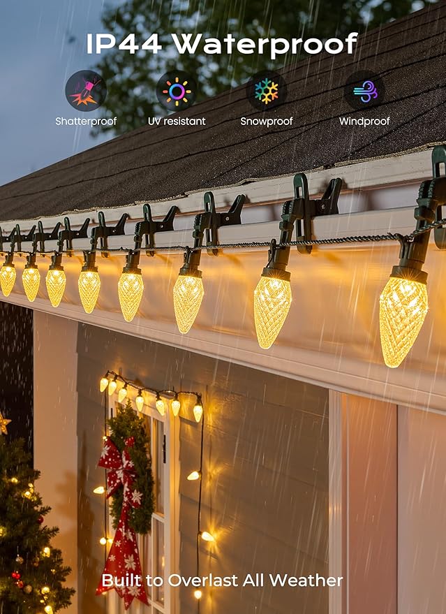 C9 Christmas Lights Outdoor, 33 FT 50 LED C9 String Lights, 8 Modes & Timer Connectable Waterproof for Christmas Tree light Indoor Outdoor Roofline Patio Outsie Yard Holiday Xmas Decoration Warm White
