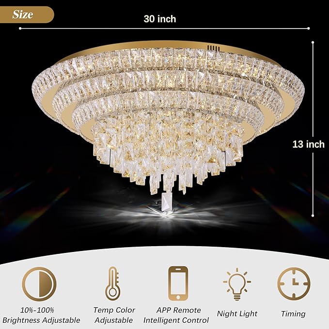 30 inch Crystal Gold Ceiling-Light Flush Mount With Remote Control and APP, 3CCT Dimmable & Brightness Adjustable, Modern Crystal Raindrop Chandeliers for Bedroom Hallway Dinning Room Living Room