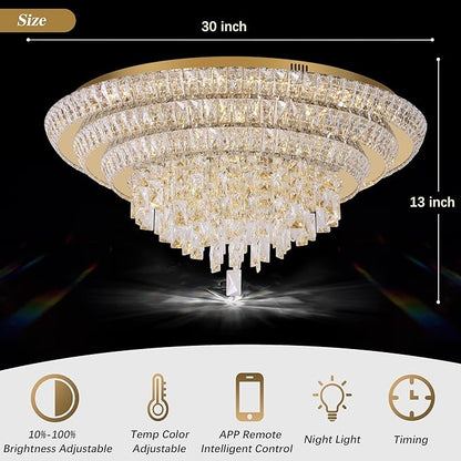 30 inch Crystal Gold Ceiling-Light Flush Mount With Remote Control and APP, 3CCT Dimmable & Brightness Adjustable, Modern Crystal Raindrop Chandeliers for Bedroom Hallway Dinning Room Living Room