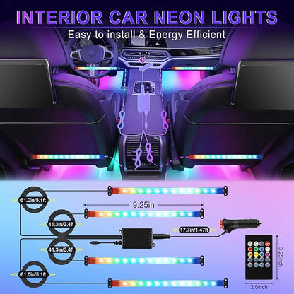 LivTee Interior Car LED Lights, Smart RGB Ambient Lighting with App & Remote Control, Music Sync & DIY Modes, 4-Line Design LED Strip Lights, 12V Cigarette Lighter Powered, Car Accessories for Women