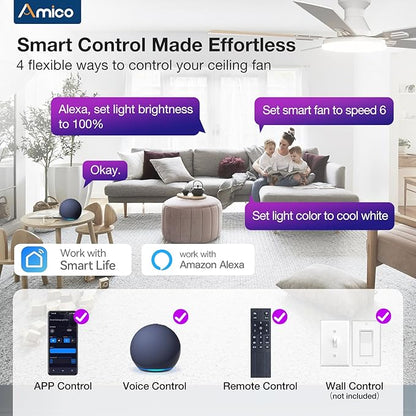 Amico Ceiling Fans with Lights, 52'' Smart RGB Ceiling Fan with Remote/APP/Alexa Control, Flush Mount, Reversible DC Motor, 5 Blades, 6 Speeds, 3CCT, Dimmable, Noiseless, Bedroom, Living Room, White