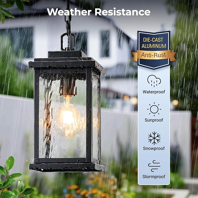 VIANIS Large Anti-Rust Outdoor Chandelier with Adjustable Wire, Black Pendant Light with Water Glass for Porch, Garden,Garage, Easy-to-Install Outdoor Hanging Lantern Suiting for Sloped Ceiling
