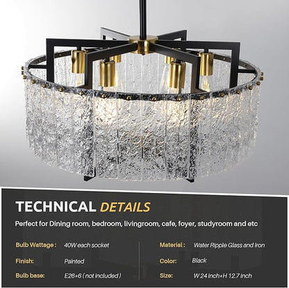 Modern Black Crystal Chandeliers for Dining Room, Elegant Chandelier Light Fixture for Kitchen Island, Water Ripple Glass, Drum Hanging Lights for Bar Table Entryway Foyer Hallway-24”