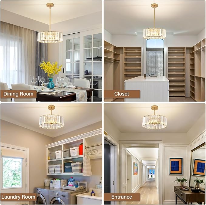 YURNYQ Gold Crystal Chandelier for Dining Room, 4-Light Modern Semi Flush Mount Chandelier Lighting Fixtures, Round Kitchen Hanging Drum Pendant Lights Ceiling for Bedroom Entryway Foyer, 15 Inch