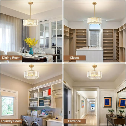 YURNYQ Gold Crystal Chandelier for Dining Room, 4-Light Modern Semi Flush Mount Chandelier Lighting Fixtures, Round Kitchen Hanging Drum Pendant Lights Ceiling for Bedroom Entryway Foyer, 15 Inch