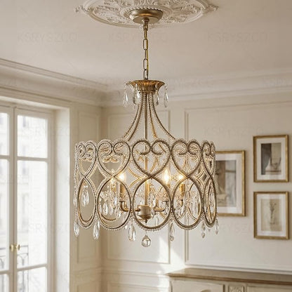 KSRYSZCQ 5-Light Crystal Chandelier 20“ French Country Chandelier Antique Silver Drum Chandelier for Dining Room Bedroom Living Room Kitchen Island