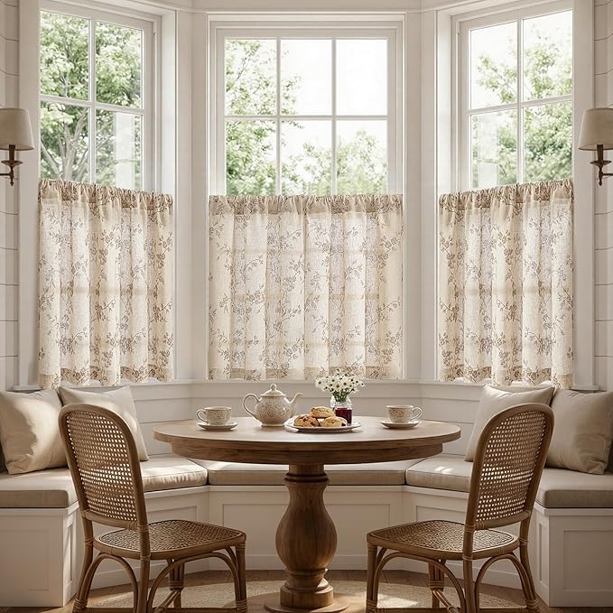 jinchan Floral Kitchen Curtains 36 Inch Linen Tier Curtains Farmhouse Cafe Half Window Drapes Over Sink Light Filtering for Living Room Laundry RV Rod Pocket 2 Panels Taupe on Beige