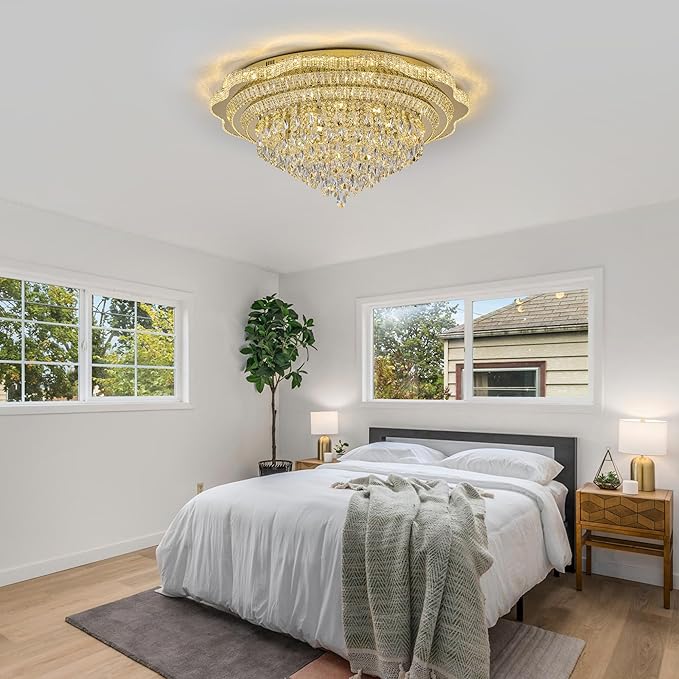 Gold LED Crystal Ceiling Light for Living Room, 40" Modern Large Flush Mount Chandelier with K9 Crystal Raindrop,Elegant Lighting Fixture with Remote Control for Hallway Dinning Room