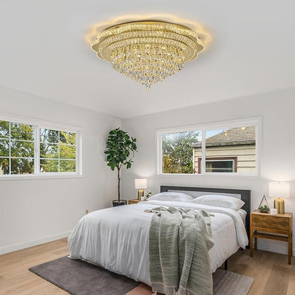 Gold LED Crystal Ceiling Light for Living Room, 40" Modern Large Flush Mount Chandelier with K9 Crystal Raindrop,Elegant Lighting Fixture with Remote Control for Hallway Dinning Room