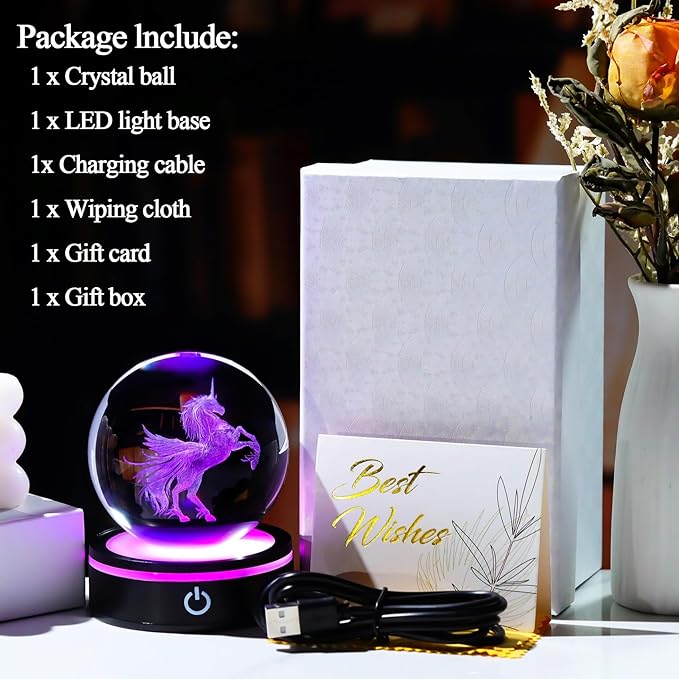 YWHL Unicorn Gifts for Women, 3D Laser Unicorn Figurines Crystal Ball Decor with Colorful Light Base, Gifts for Birthday Christmas, Glass Animals Statue for Home Decorations(80mm)