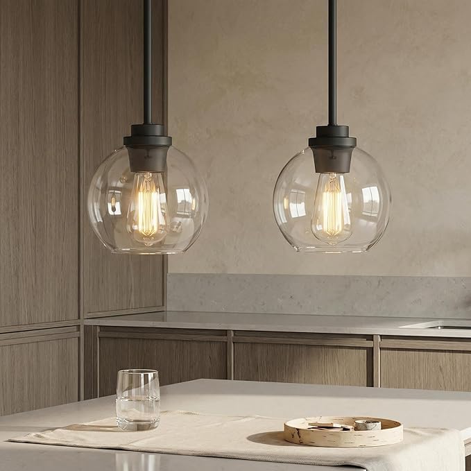 Pendant Light – 7 Inch Modern Hanging Fixture with Clear Glass Globe & Matte Black Finish, Adjustable Iron Rods & Sloped Ceiling Compatible for Kitchen Island Dining Room Bedroom Hallway, 2 Pack